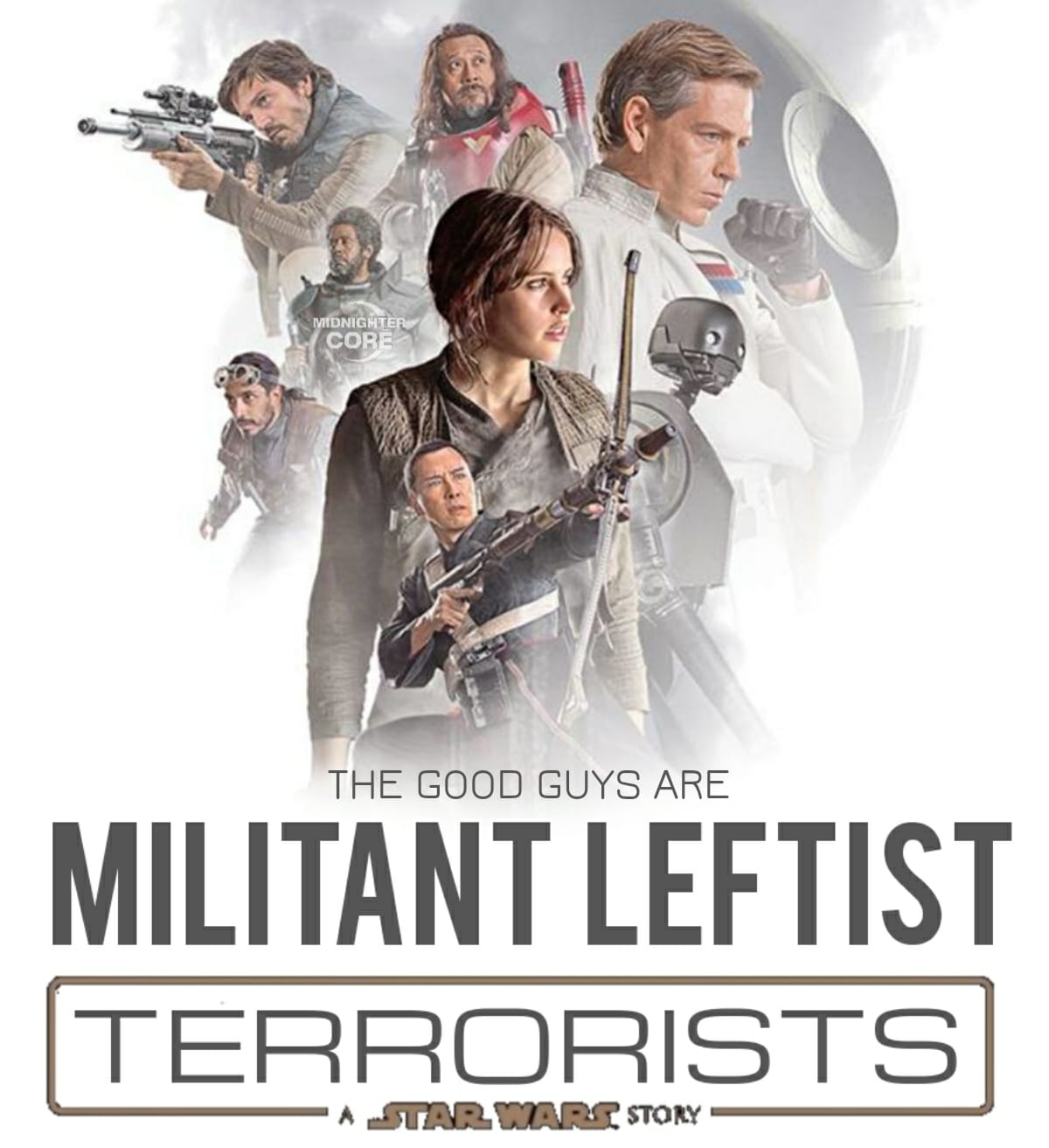 This meme is a play on the title of the 2016 film "Rogue One: A Star Wars Story", but with a humorous twist. The original title is replaced with "Rogue One: A Star Wars Story" is replaced with "Rogue One: A Star Wars Story: The Rebel Alliance's Most Wanted Terrorists".